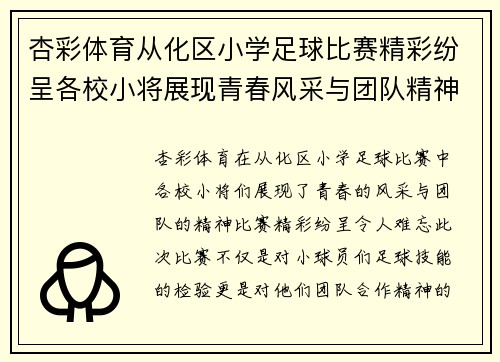 杏彩体育从化区小学足球比赛精彩纷呈各校小将展现青春风采与团队精神