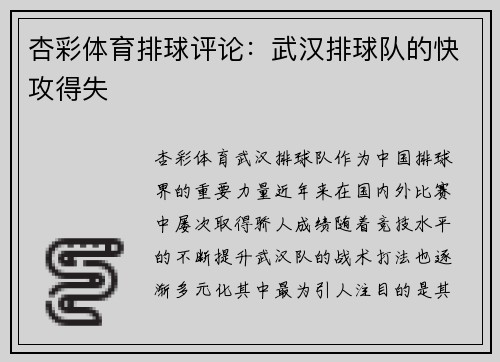 杏彩体育排球评论：武汉排球队的快攻得失