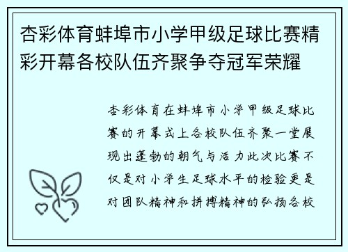 杏彩体育蚌埠市小学甲级足球比赛精彩开幕各校队伍齐聚争夺冠军荣耀