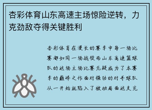 杏彩体育山东高速主场惊险逆转，力克劲敌夺得关键胜利