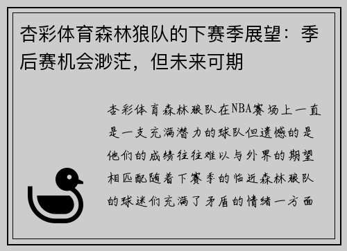 杏彩体育森林狼队的下赛季展望：季后赛机会渺茫，但未来可期